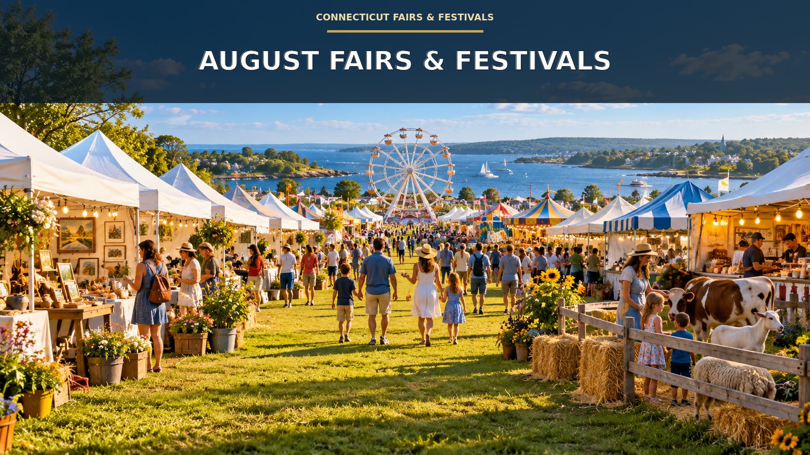 Illustration of a Connecticut summer fair: craft tents, a Ferris wheel, and farm animals above a bay